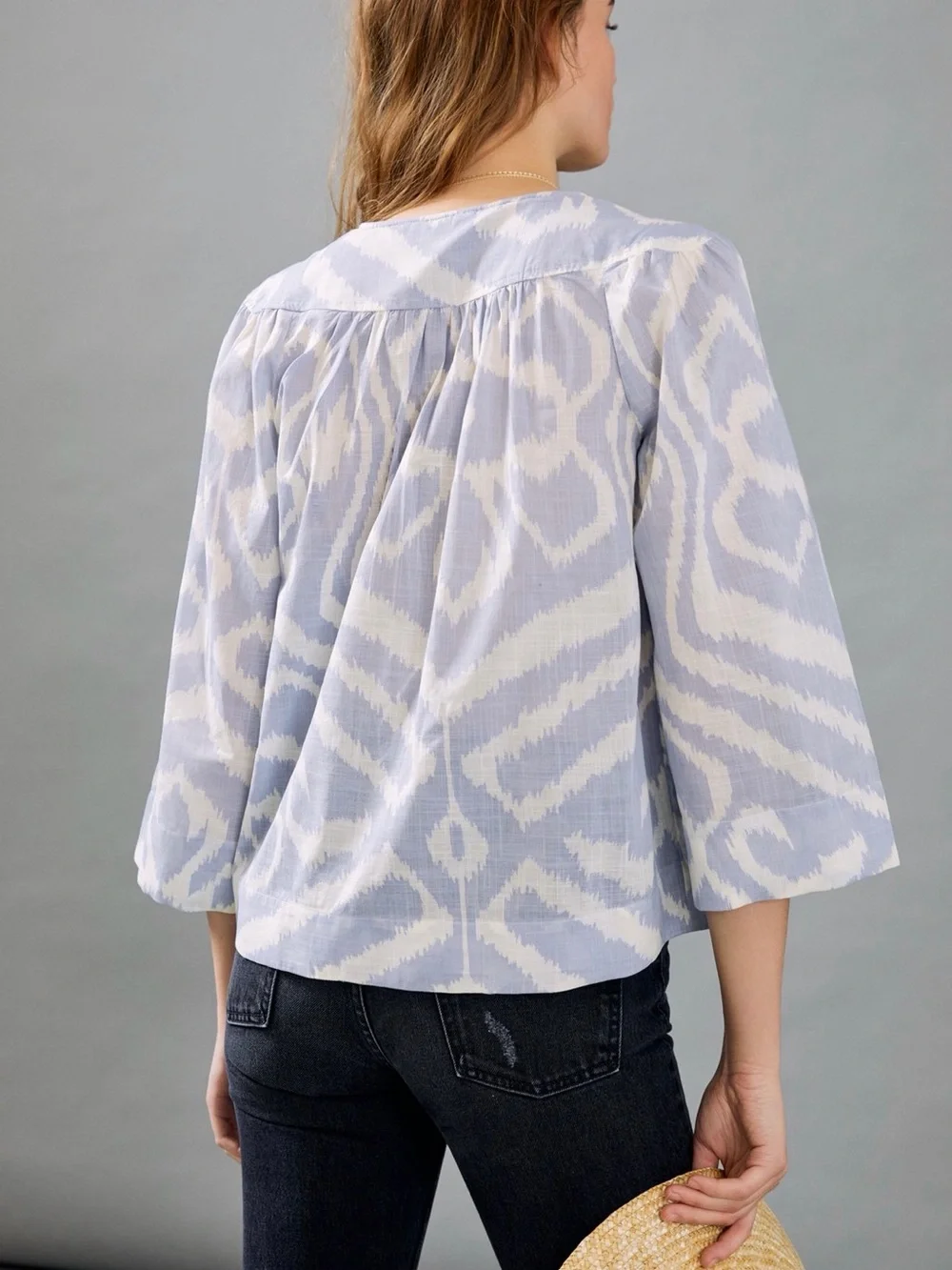 Anthropologie Light Blue & White Ikat V-Neck Blouse